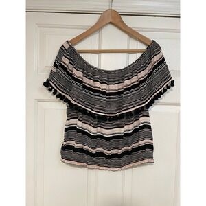 Off Shoulder Flounce Cropped Top Black Pink White‎ Stripe Pom Pom L Soho Jeans